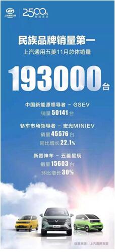 宏光MINIEV位居乘用车销量榜首！上汽通用五菱11月销量达19.3万辆